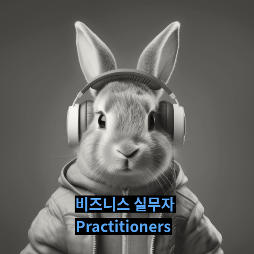 A cartoon rabbit wearing headphones, symbolizing data practitioners, with the caption '비즈니스 실무자 Practitioners' below.
