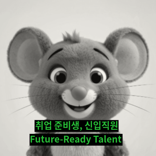 A cartoon mouse character with a friendly expression, featuring the text '취업 준비생, 신입직원' and 'Future-Ready Talent' overlayed in bold black font.